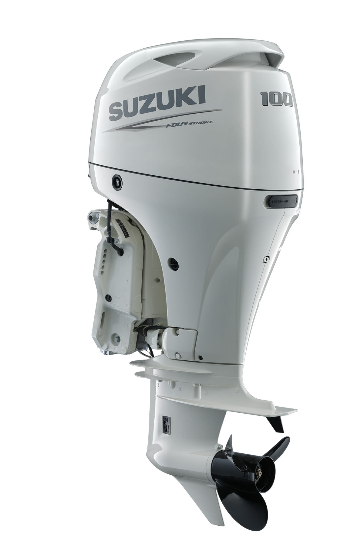 Suzuki DF100BT 100 PS Außenbordmotor, Diagonalansicht, weiß