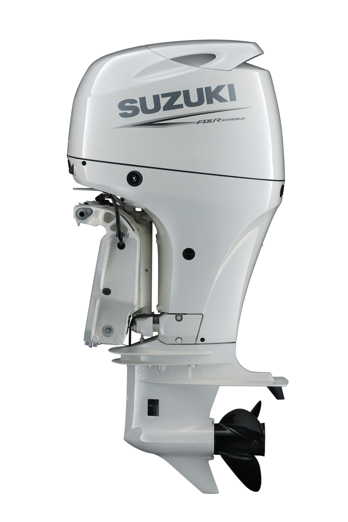 Suzuki DF100BT 100 PS Außenbordmotor, Seitenansicht, weiß