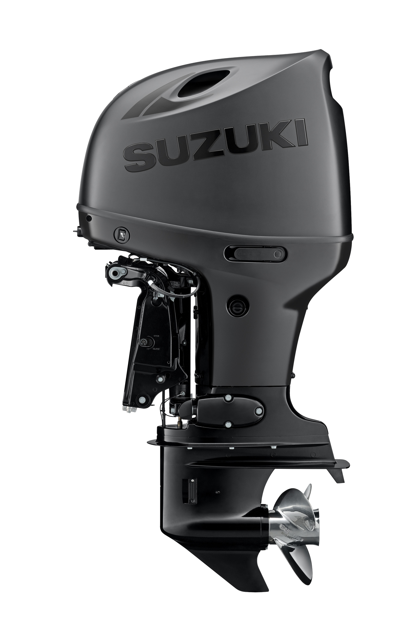Suzuki DF115BT 115 PS Außenbordmotor Stealth Line, Seitenansicht, schwarz matt
