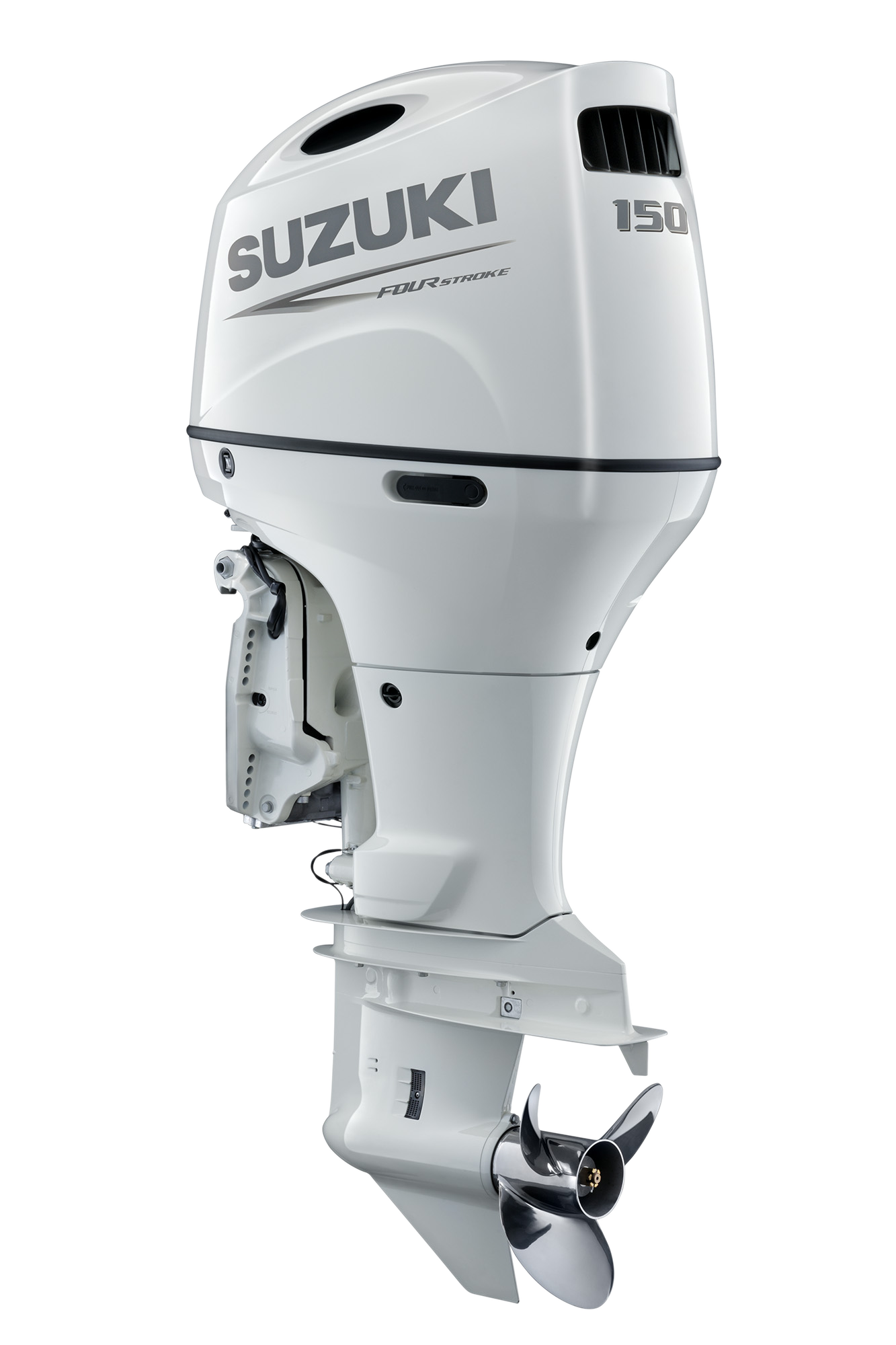 Suzuki DF150AT 150 PS Außenbordmotor, Diagonalansicht, weiß