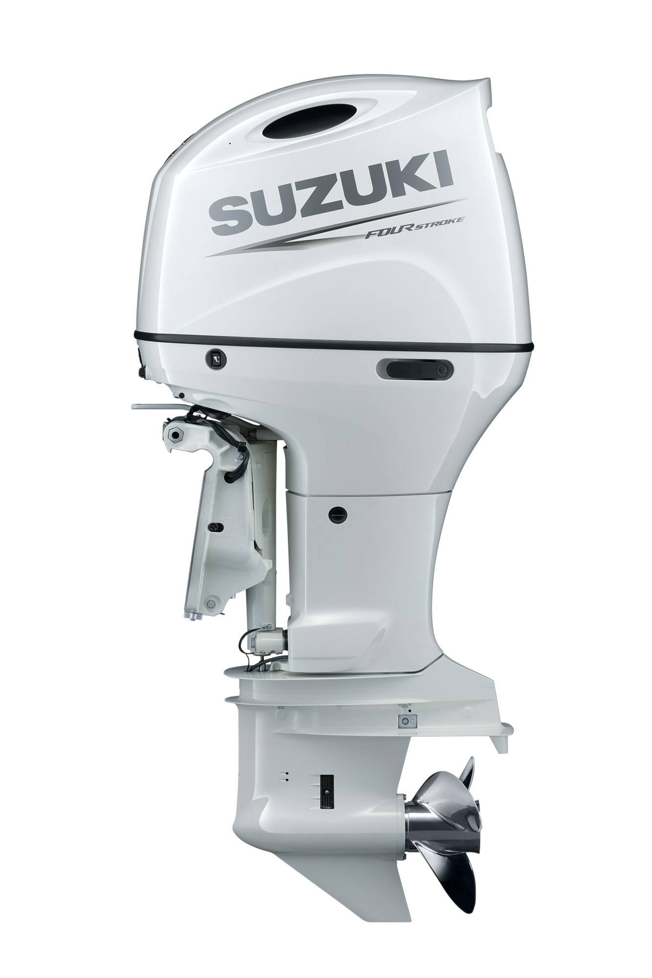 Suzuki DF150AT 150 PS Außenbordmotor, Seitenansicht, weiß