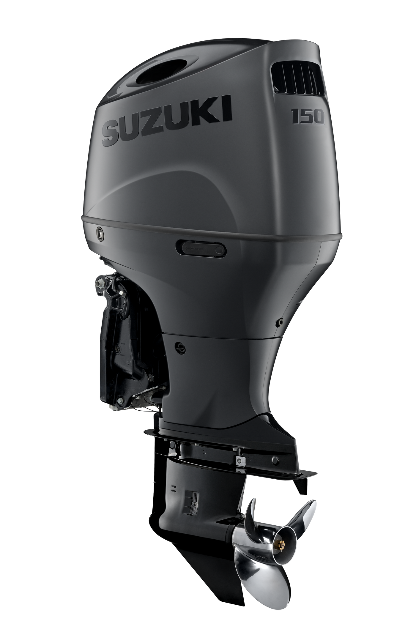 Suzuki DF150AT 150 PS Außenbordmotor Stealth Line, Diagonalansicht, schwarz matt