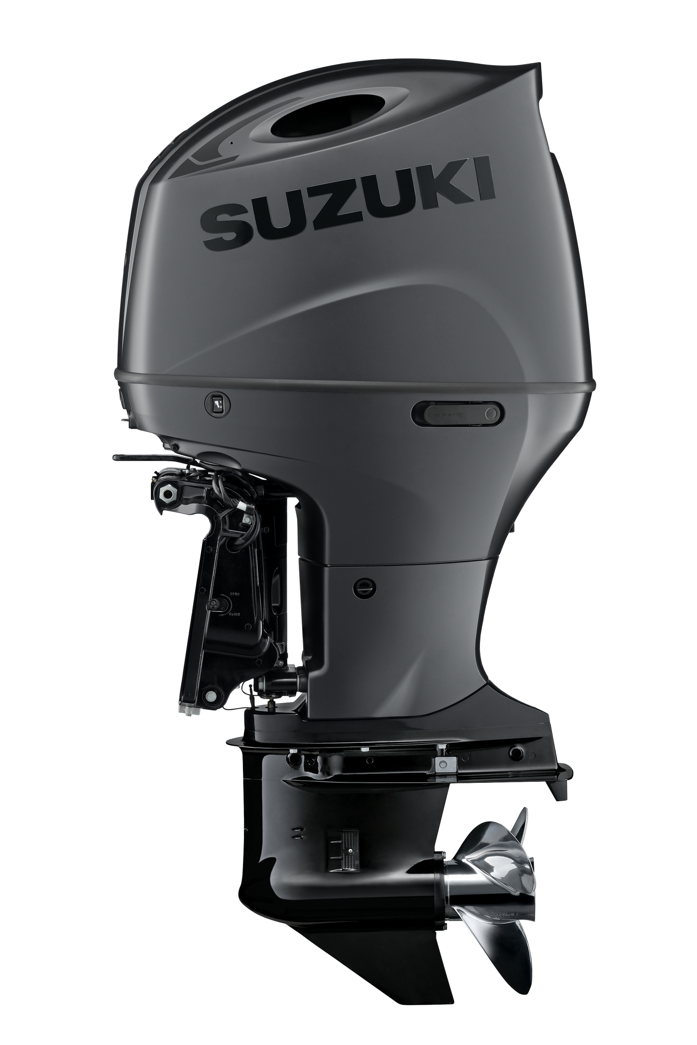 Suzuki DF150AT 150 PS Außenbordmotor Stealth Line, Seitenansicht, schwarz matt