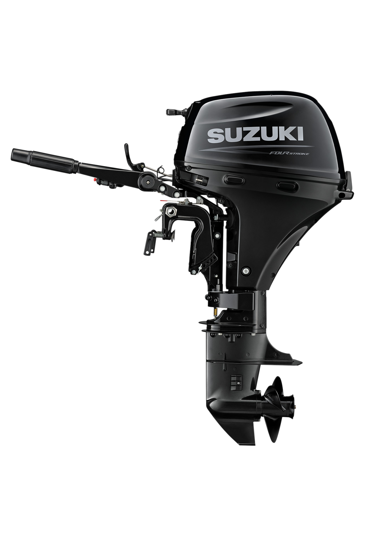 Suzuki DF15A 15 PS Außenbordmotor mit Pinne, Seitenansicht, schwarz