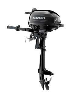 Suzuki DF2.5 2,5 PS Außenbordmotor mit Pinne, Diagonalansicht, schwarz