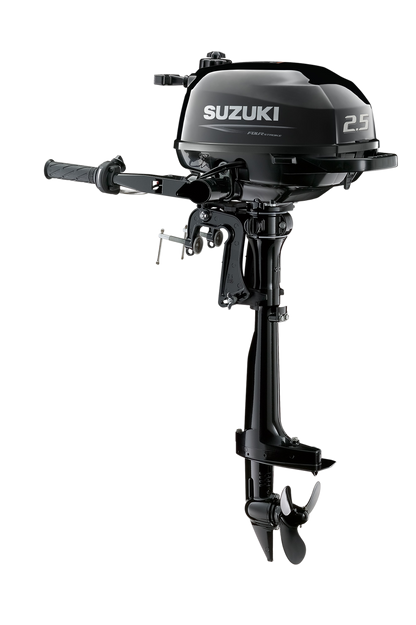 Suzuki DF2.5 2,5 PS Außenbordmotor mit Pinne, Diagonalansicht, schwarz
