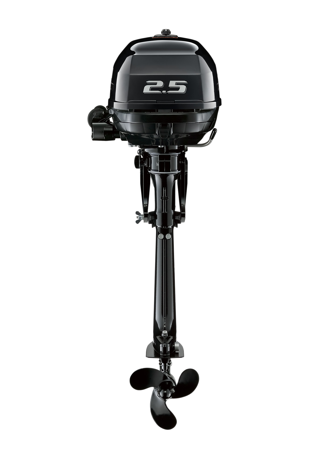 Suzuki DF2.5 2,5 PS Außenbordmotor mit Pinne, Rückansicht, schwarz