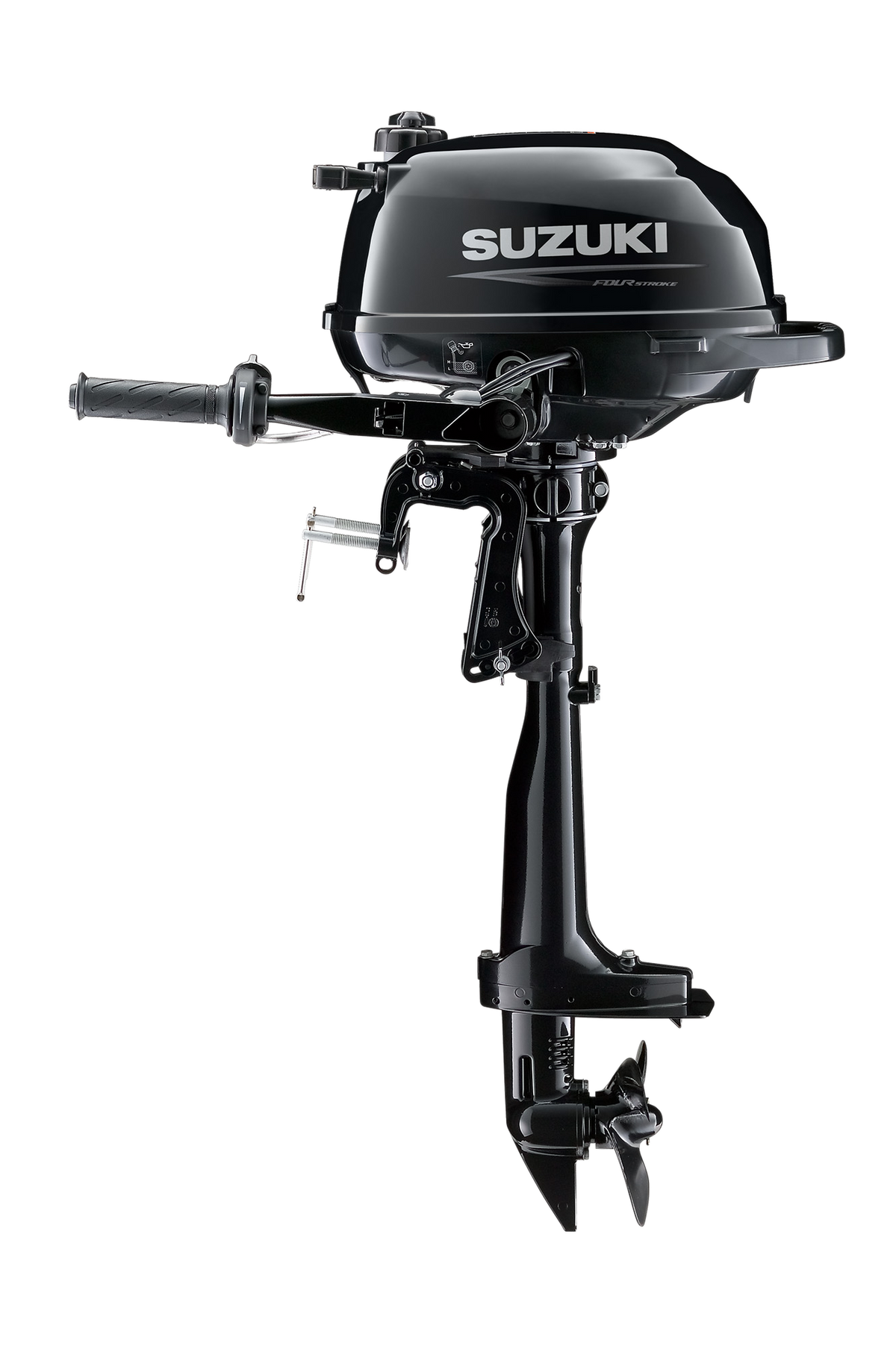 Suzuki DF2.5 2,5 PS Außenbordmotor mit Pinne, Seitenansicht, schwarz