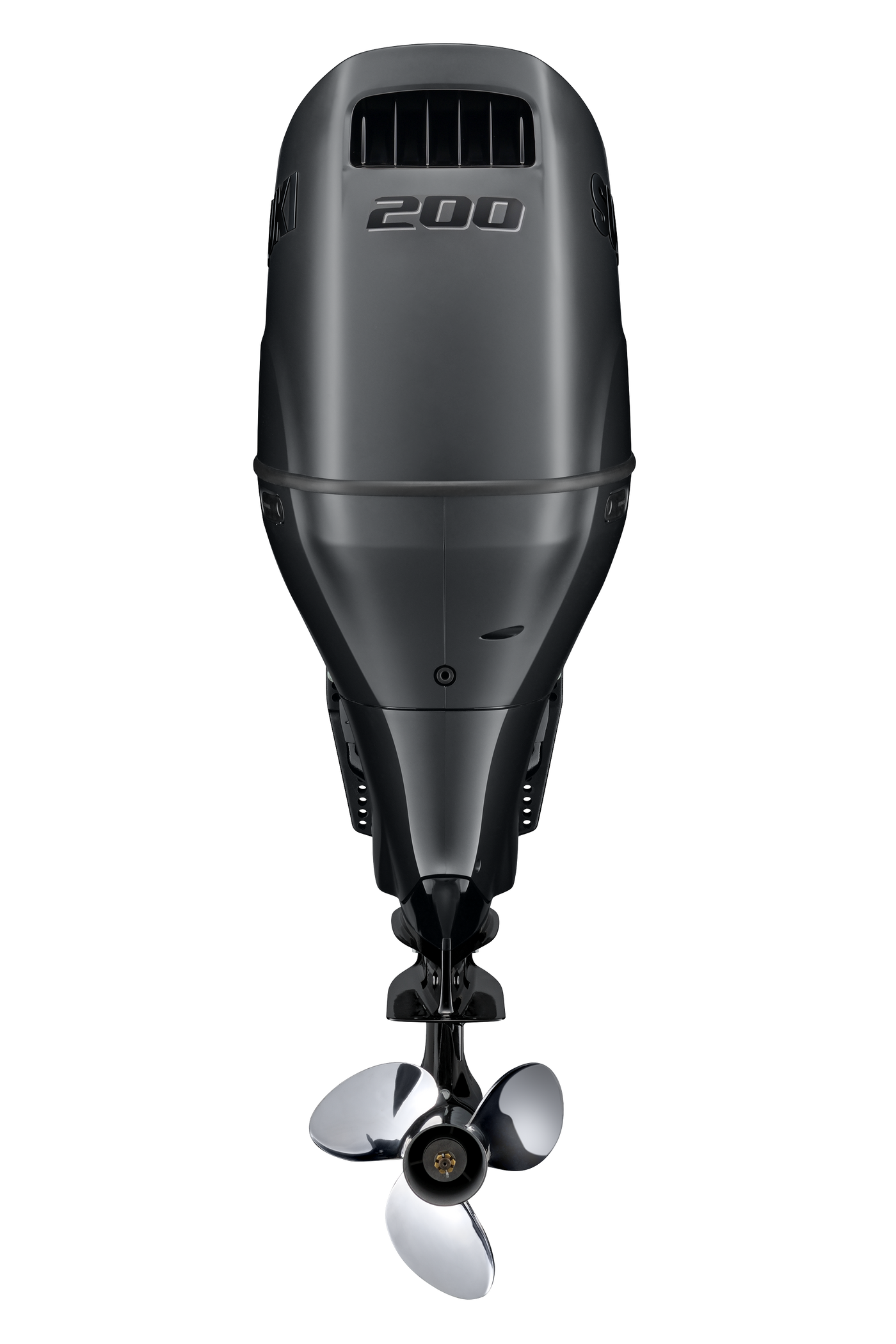 Suzuki DF200AT 200 PS Außenbordmotor Stealth Line, Rückansicht, schwarz matt