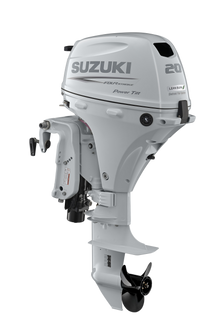 Suzuki DF20AT 20 PS Außenbordmotor mit Fernschaltung, Diagonalansicht, weiß