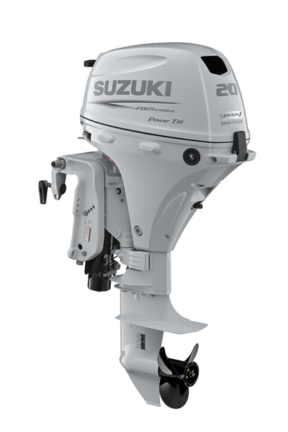 Suzuki DF20AT 20 PS Außenbordmotor mit Fernschaltung, Diagonalansicht, weiß