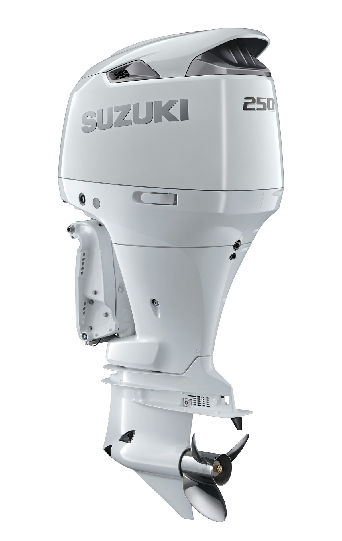 Suzuki DF250AP 250 PS V6-Außenborder, Diagonalansicht, weiß