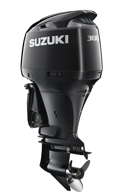 Suzuki DF300AP 300 PS V6-Außenborder, Diagonalansicht, schwarz