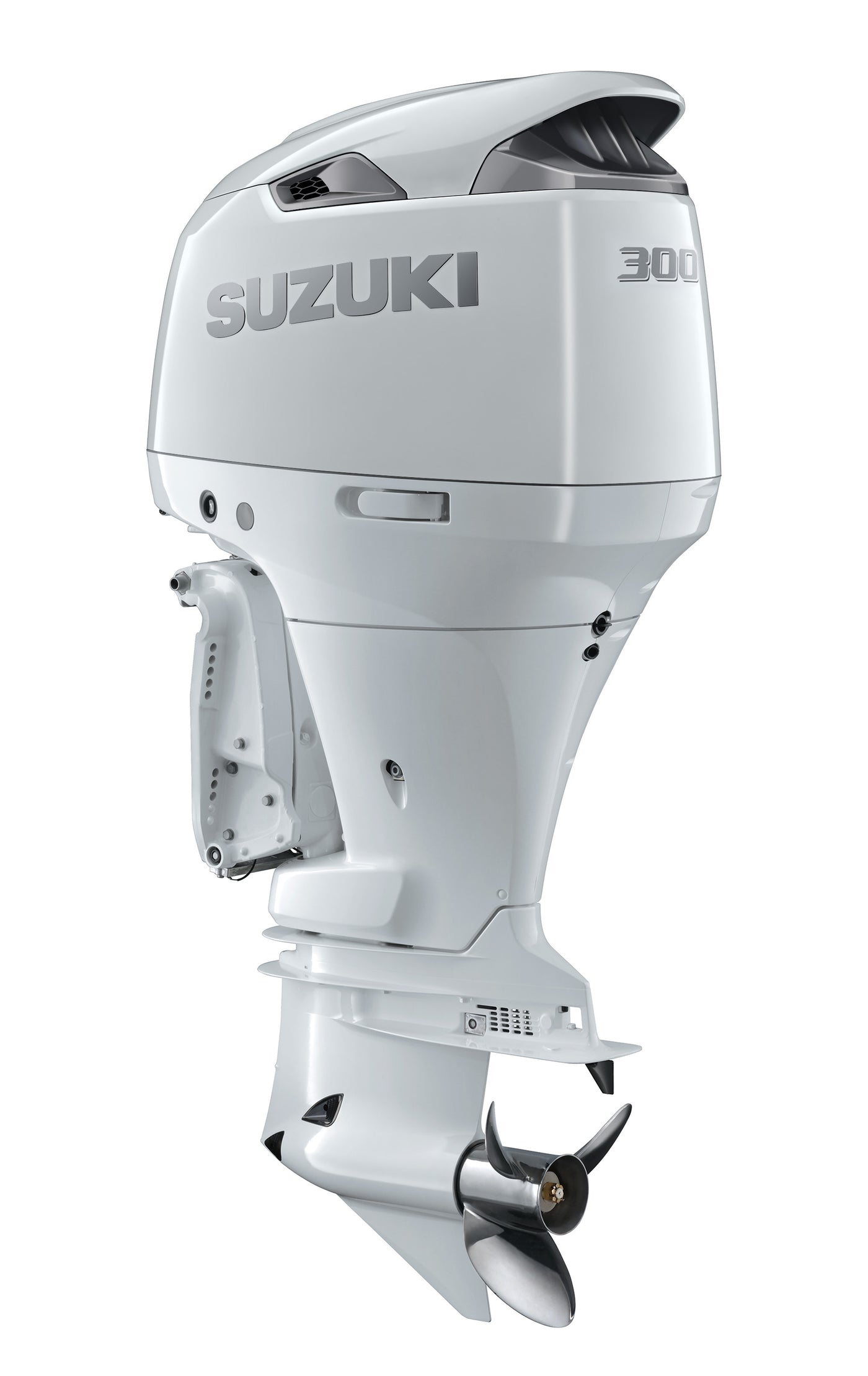 Suzuki DF300AP 300 PS V6-Außenborder, Diagonalansicht, weiß