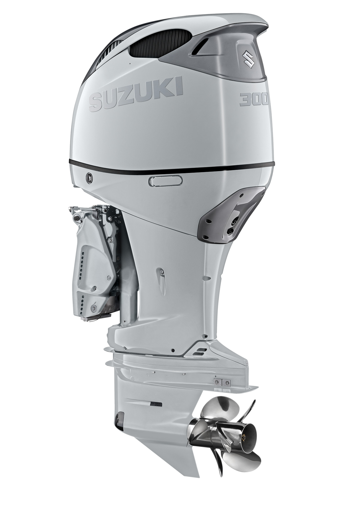 Suzuki DF300BMD 300 PS Außenbordmotor, Diagonalansicht, weiß