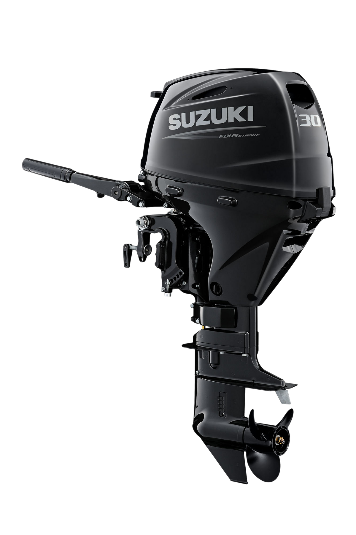 Suzuki DF30AT 30 PS Außenbordmotor mit Pinne, Diagonalansicht, schwarz