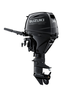 Suzuki DF30AT 30 PS Außenbordmotor mit Pinne, Diagonalansicht, schwarz