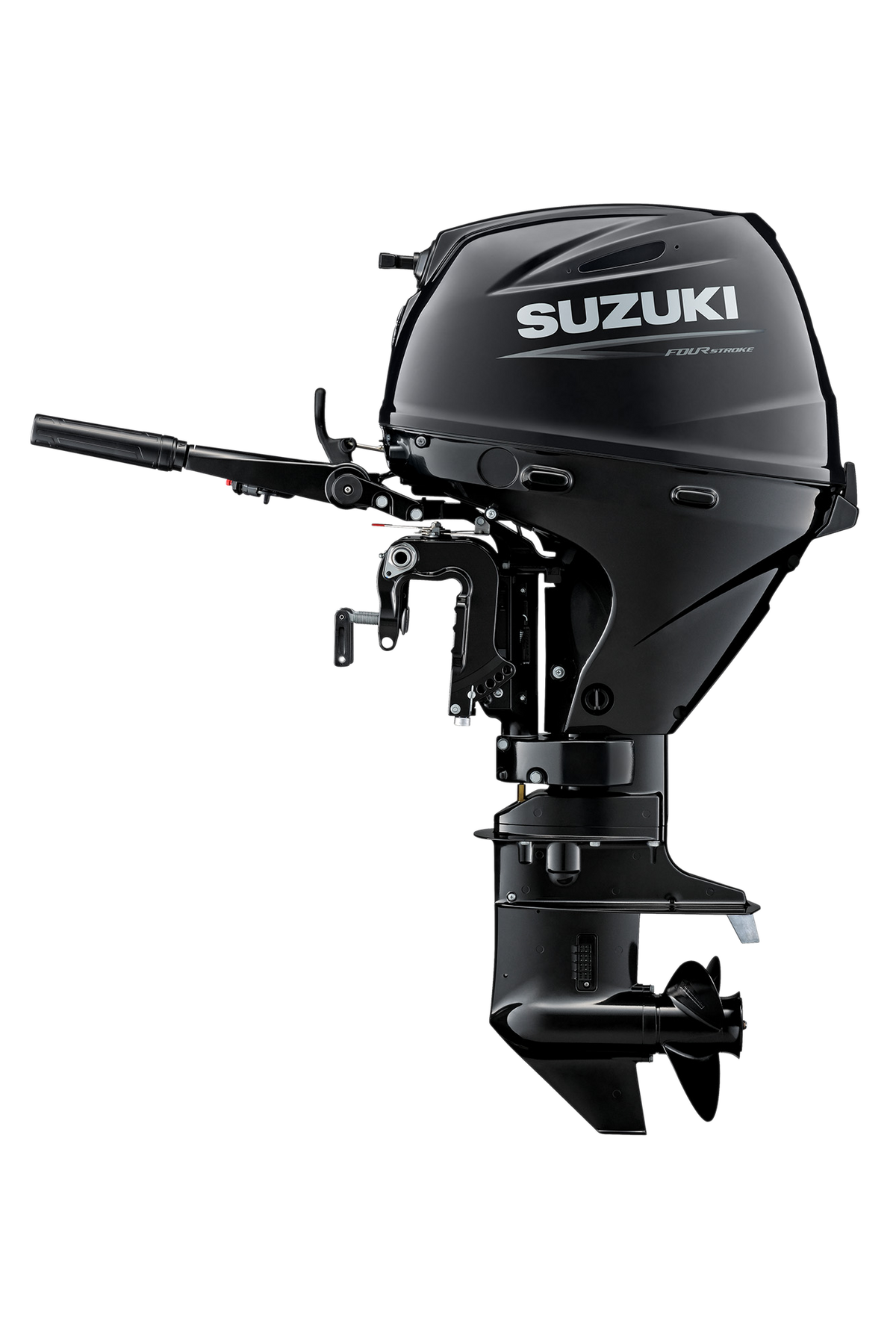 Suzuki DF30AT 30 PS Außenbordmotor mit Pinne, Seitenansicht, schwarz
