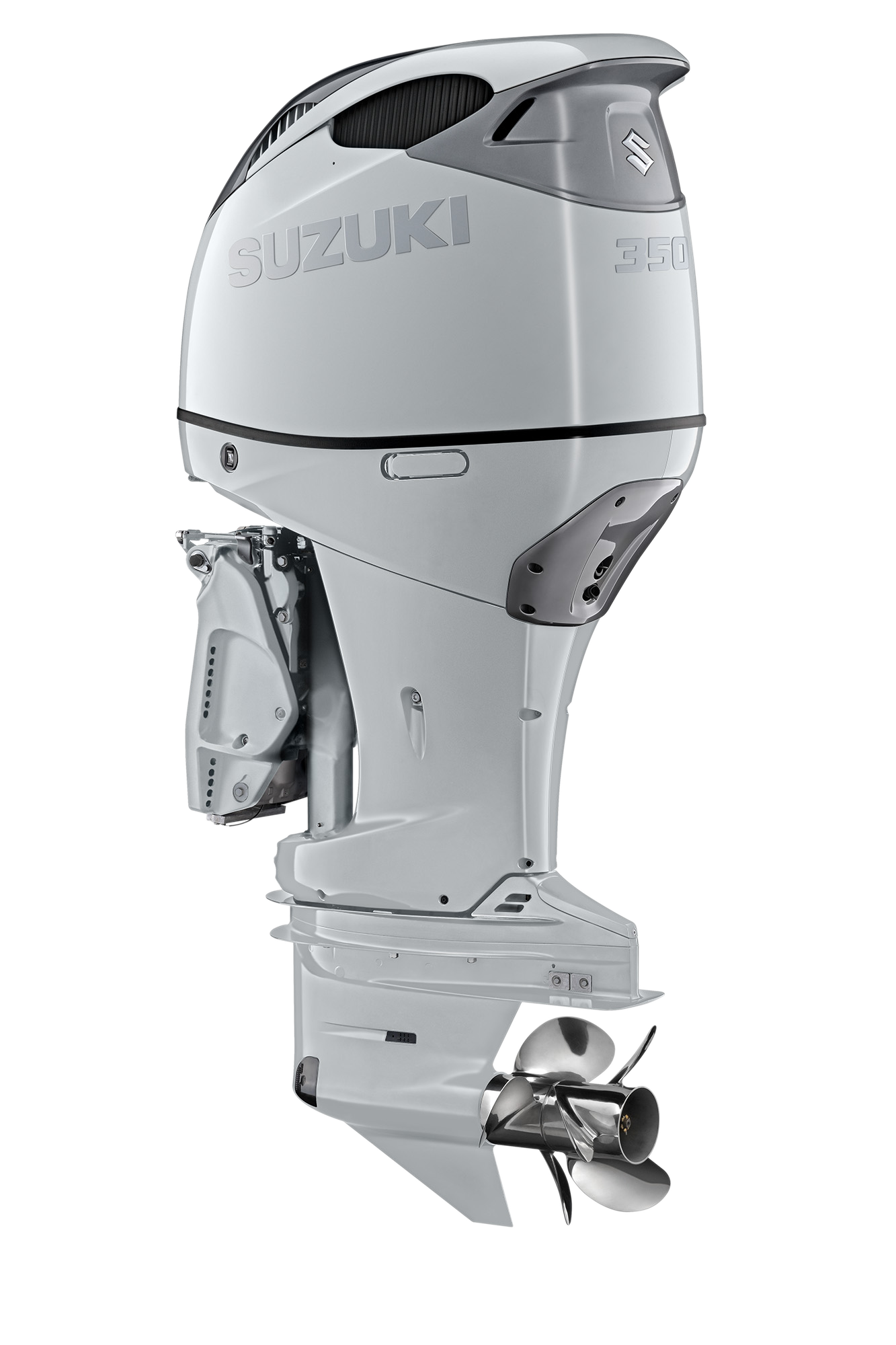 Suzuki DF350AMD 350 PS Außenbordmotor, Diagonalansicht, weiß