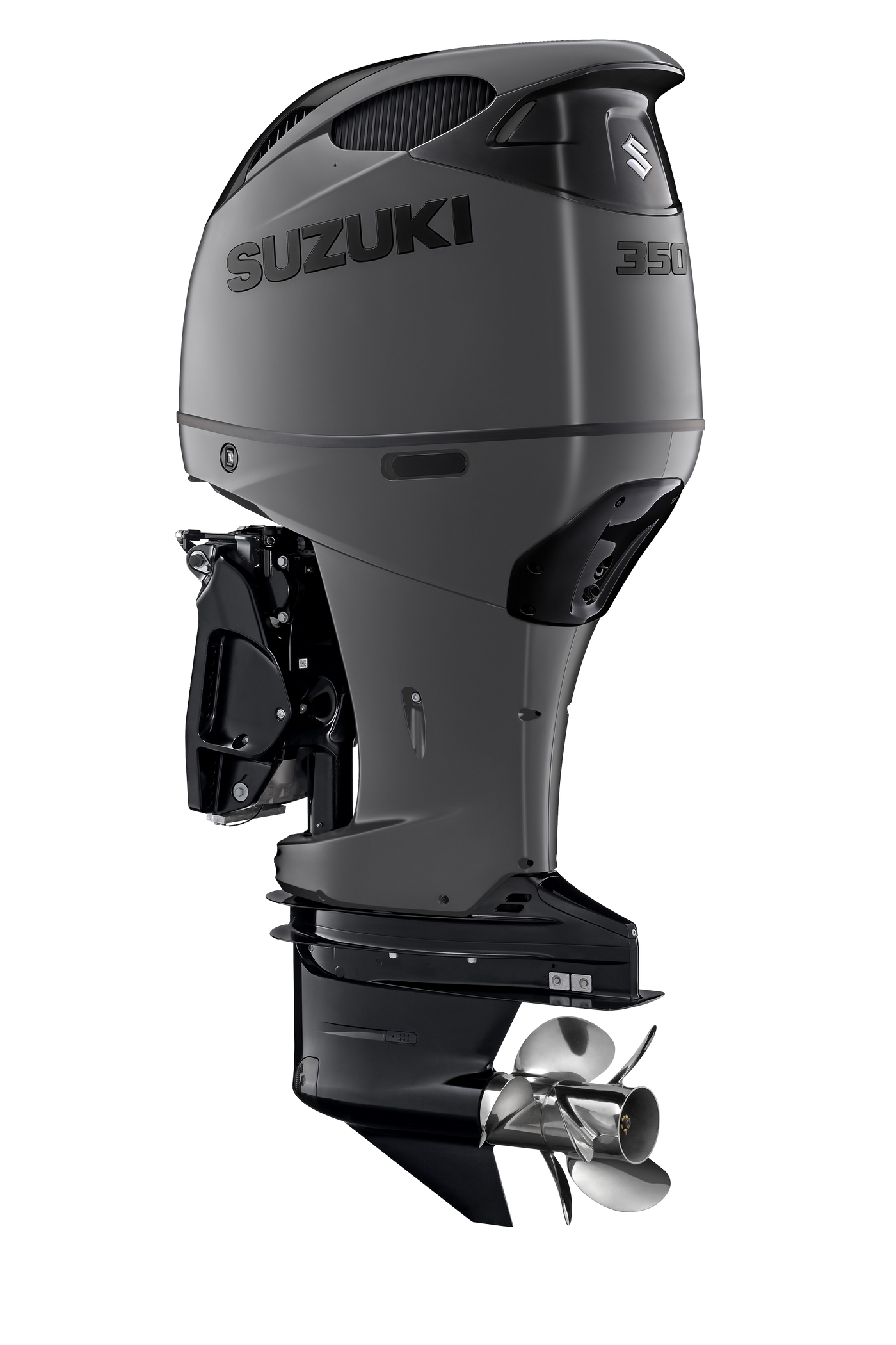 Suzuki DF350AMD 350 PS Außenbordmotor Stealth Line, Diagonalansicht, schwarz matt