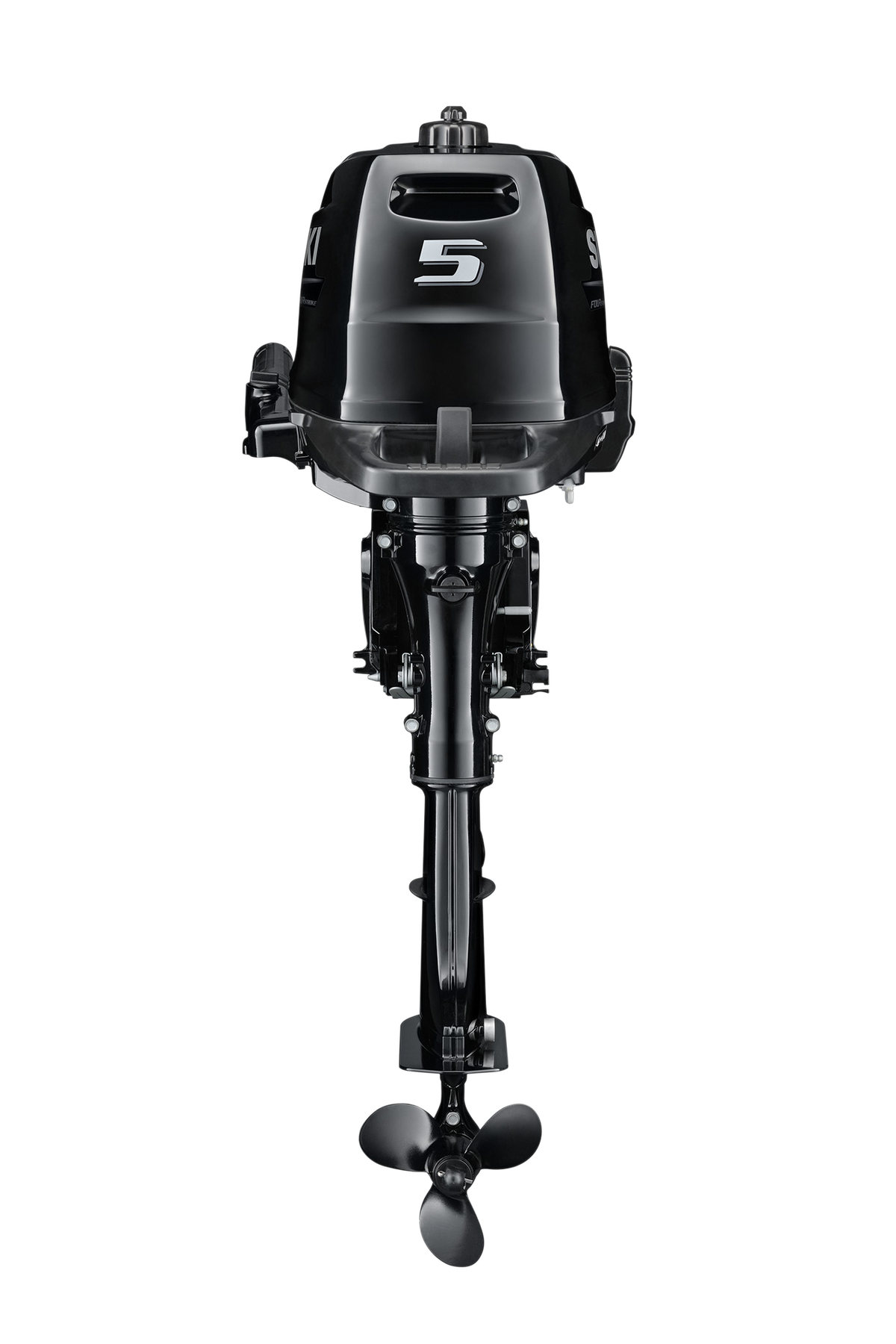 Suzuki DF5A 5 PS Außenbordmotor mit Pinne, Rückansicht, schwarz