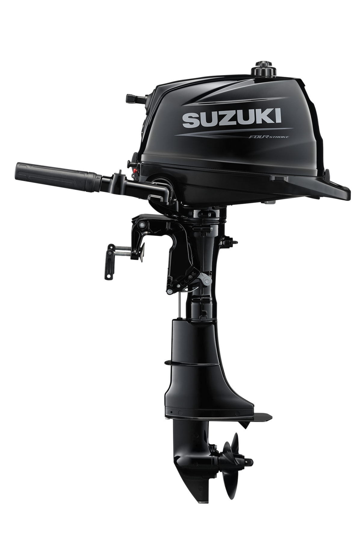 Suzuki DF5A 5 PS Außenbordmotor mit Pinne, Seitenansicht, schwarz
