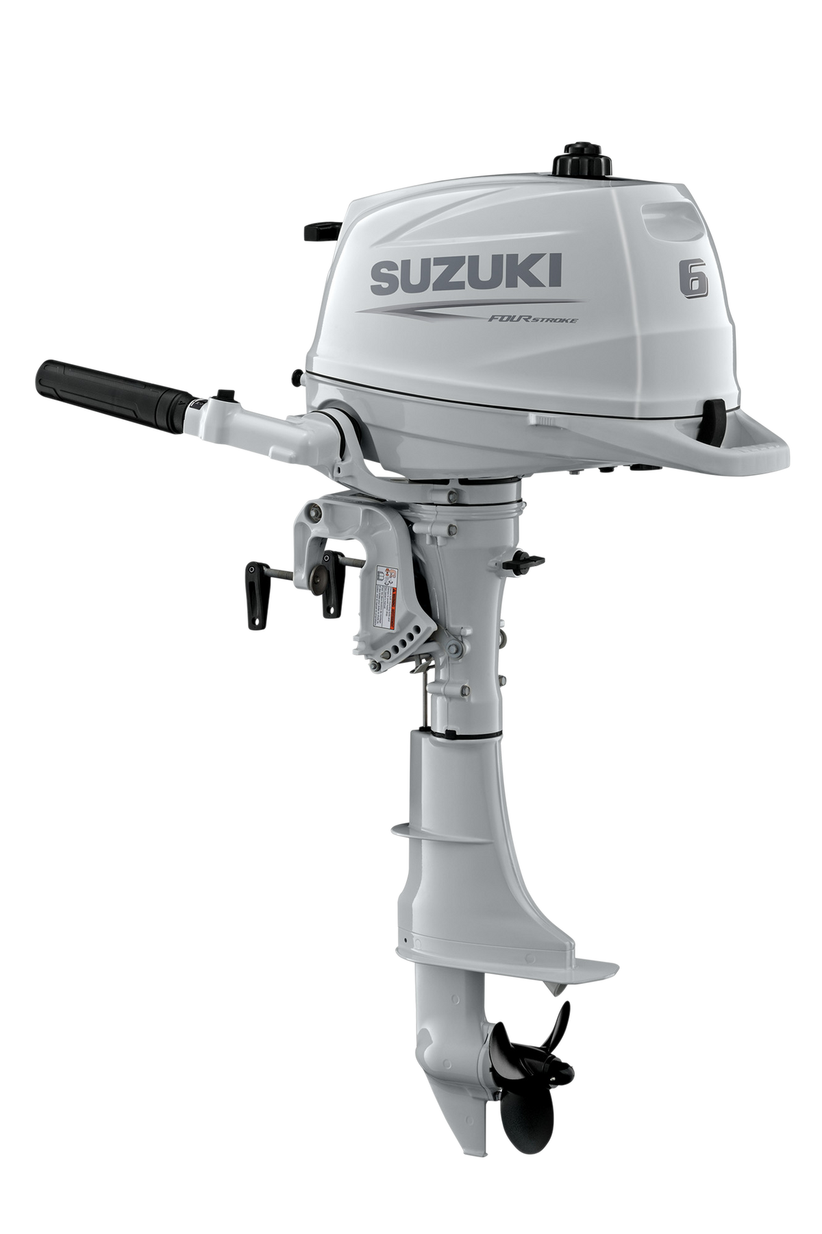 Suzuki DF6A 6 PS Außenbordmotor mit Pinne, Diagonalansicht, weiß