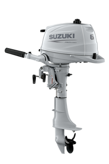 Suzuki DF6A 6 PS Außenbordmotor mit Pinne, Diagonalansicht, weiß