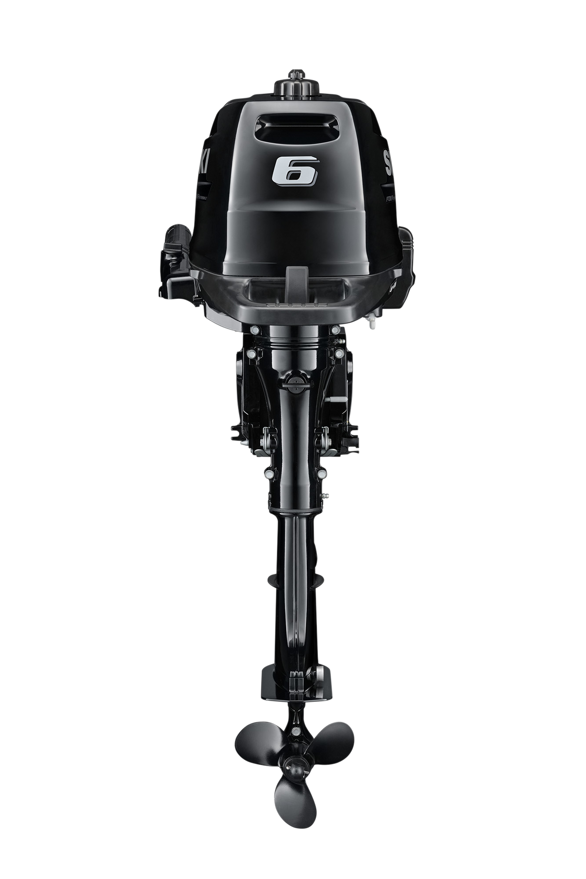 Suzuki DF6A 6 PS Außenbordmotor mit Pinne, Rückansicht, schwarz