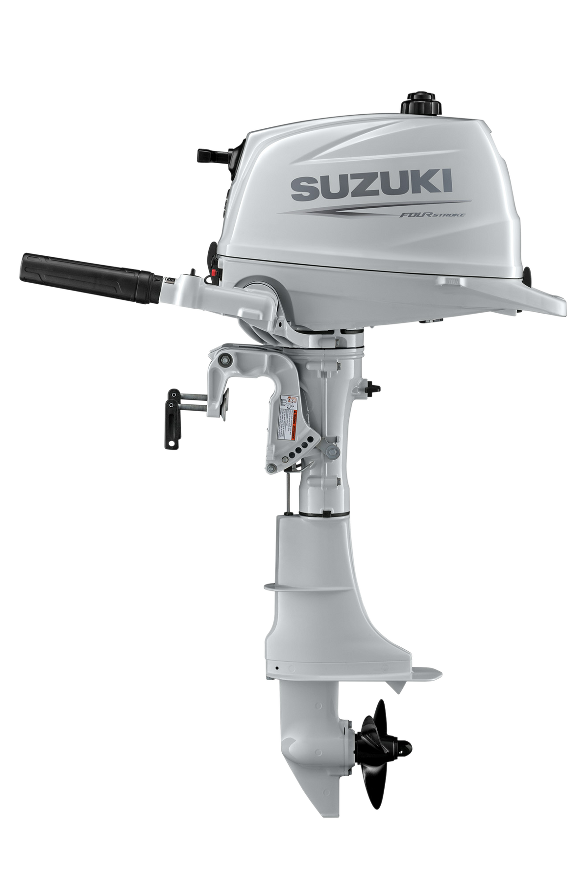Suzuki DF6A 6 PS Außenbordmotor mit Pinne, Seitenansicht, weiß