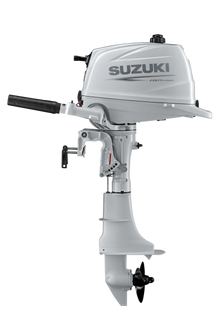 Suzuki DF6A 6 PS Außenbordmotor mit Pinne, Seitenansicht, weiß