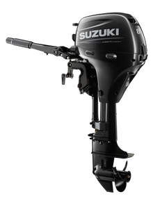 Suzuki DF8A 8 PS Außenbordmotor mit Pinne, Diagonalansicht, schwarz