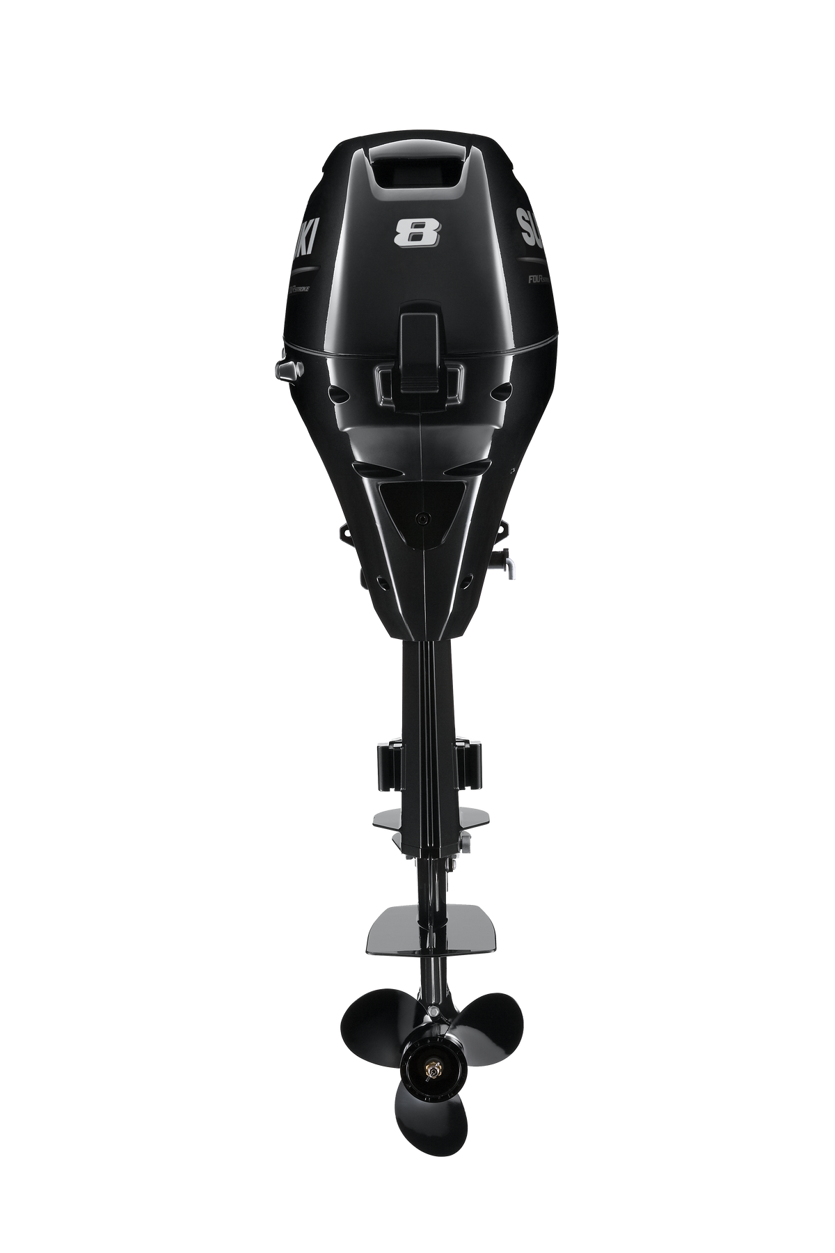 Suzuki DF8A 8 PS Außenbordmotor mit Pinne, Rückansicht, schwarz