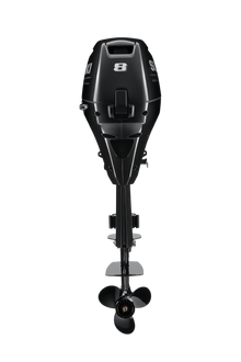 Suzuki DF8A 8 PS Außenbordmotor mit Pinne, Rückansicht, schwarz