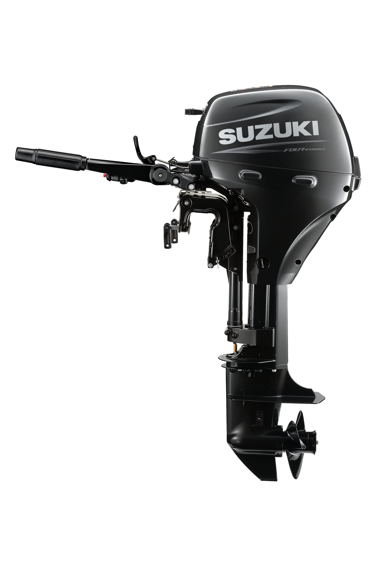 Suzuki DF8A 8 PS Außenbordmotor mit Pinne, Seitenansicht, schwarz