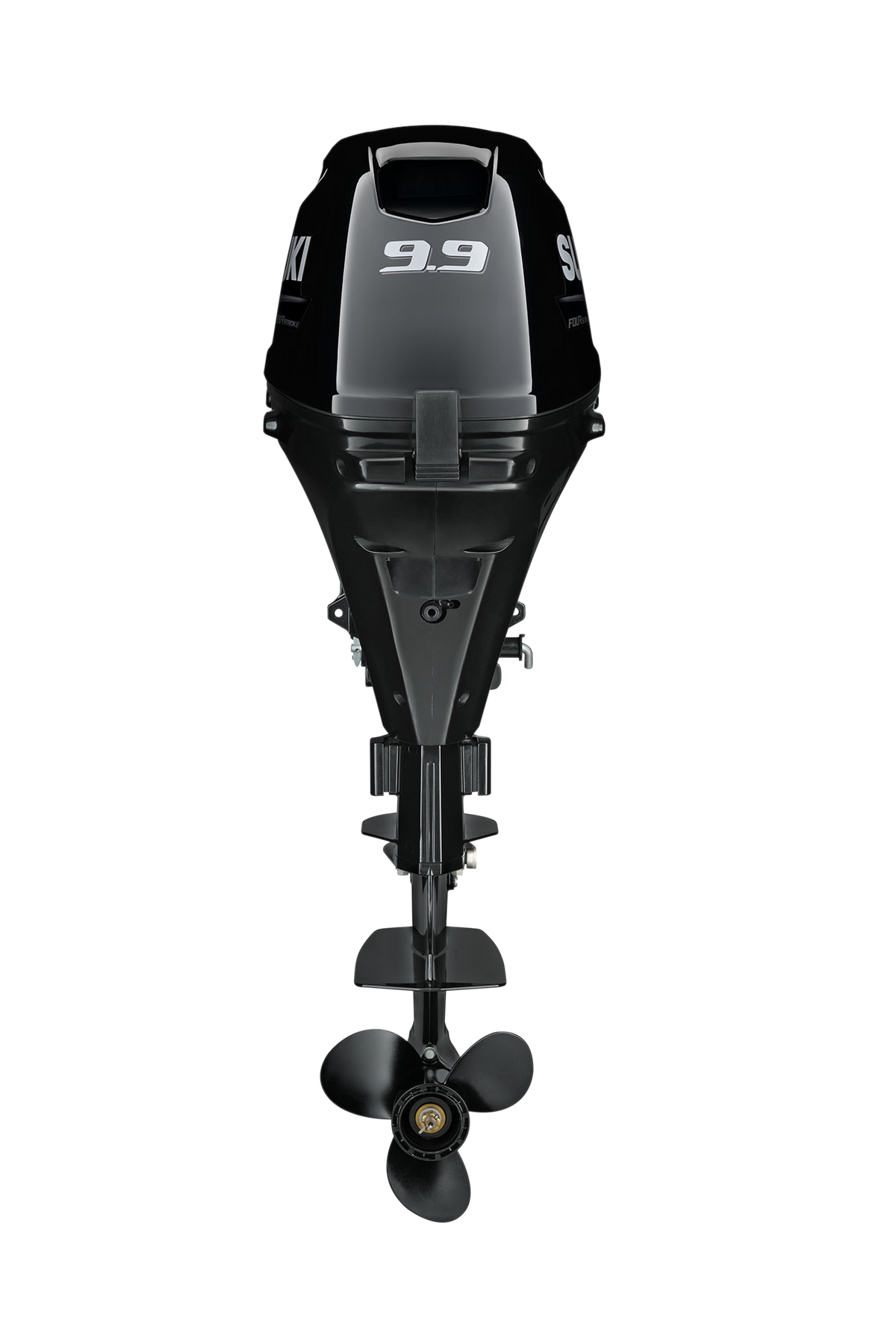 Suzuki DF9.9B 9,9 PS Außenbordmotor mit Pinne, Rückansicht, schwarz