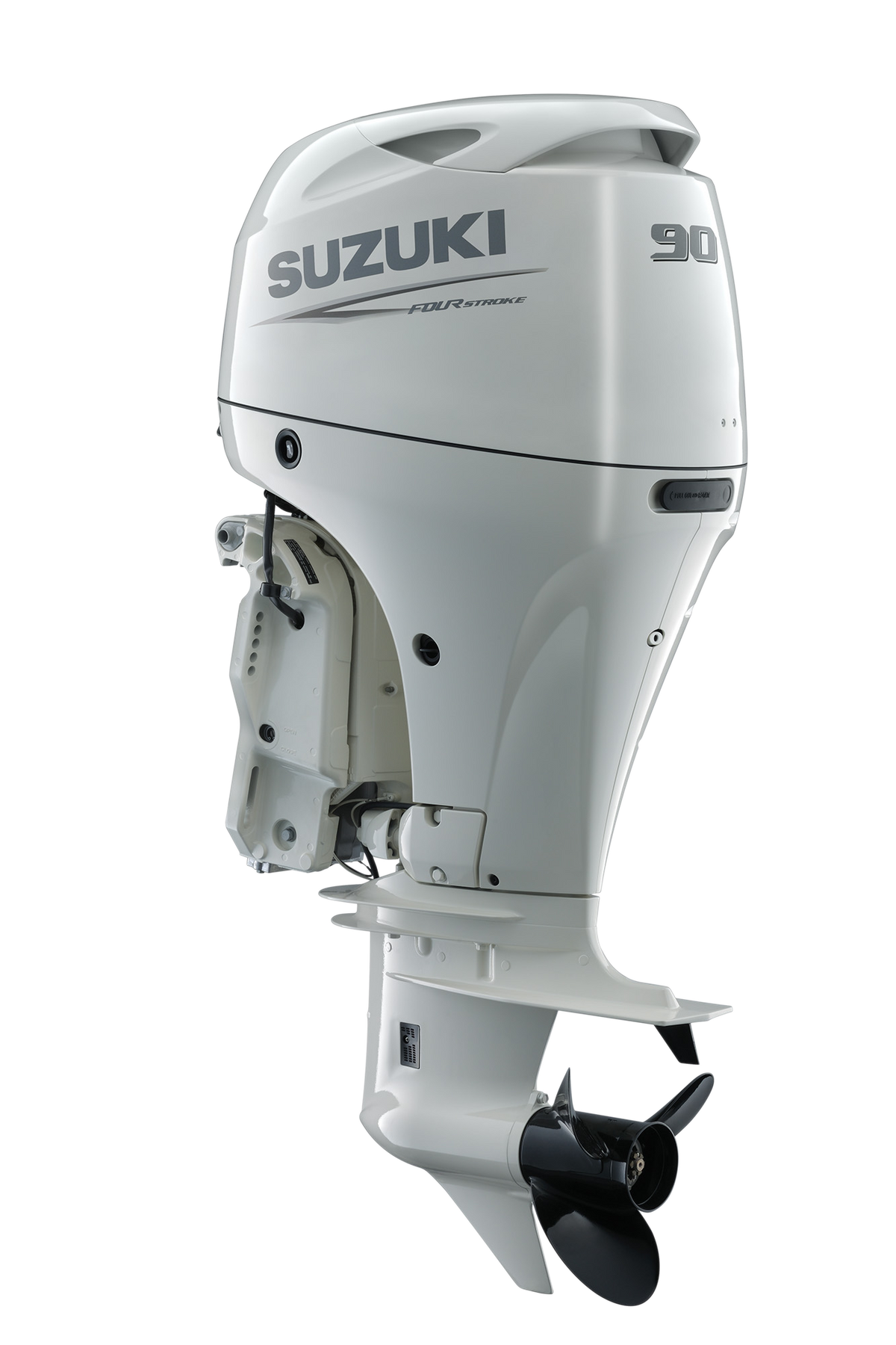 Suzuki DF90AT 90 PS Außenbordmotor, Diagonalansicht, weiß