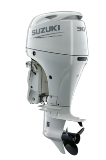 Suzuki DF90AT 90 PS Außenbordmotor, Diagonalansicht, weiß